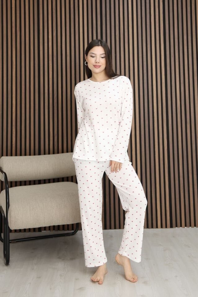 Kadın Kırmızı Kalp Desenli Yumuşak Dokulu Fitilli Kışlık Pamuklu Uzun Kol Rahat Kalıp Şardonlu Pijama Takımı