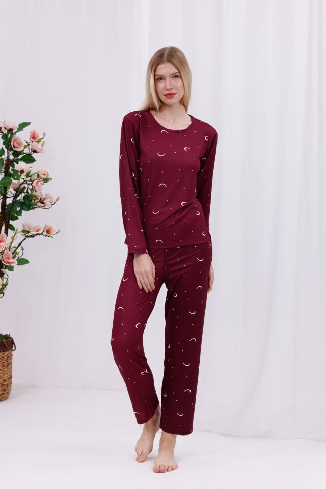 Kadın Bordo Ayyıldız Baskılı Yumuşak Dokulu Rahat Kalıp Uzun Kollu Örme Penye Pijama Takımı