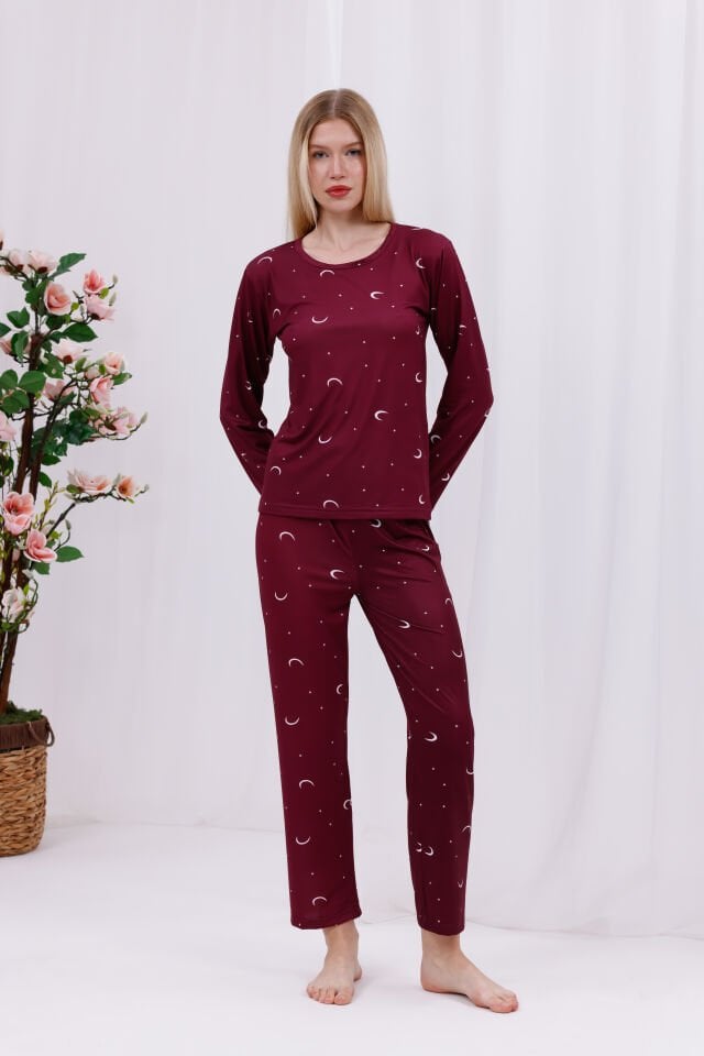 Kadın Bordo Ayyıldız Baskılı Yumuşak Dokulu Rahat Kalıp Uzun Kollu Örme Penye Pijama Takımı