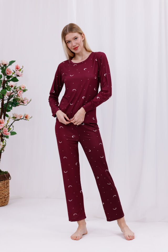 Kadın Bordo Ayyıldız Baskılı Yumuşak Dokulu Rahat Kalıp Uzun Kollu Örme Penye Pijama Takımı