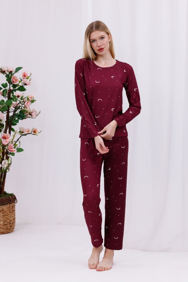 Kadın Bordo Ayyıldız Baskılı Yumuşak Dokulu Rahat Kalıp Uzun Kollu Örme Penye Pijama Takımı