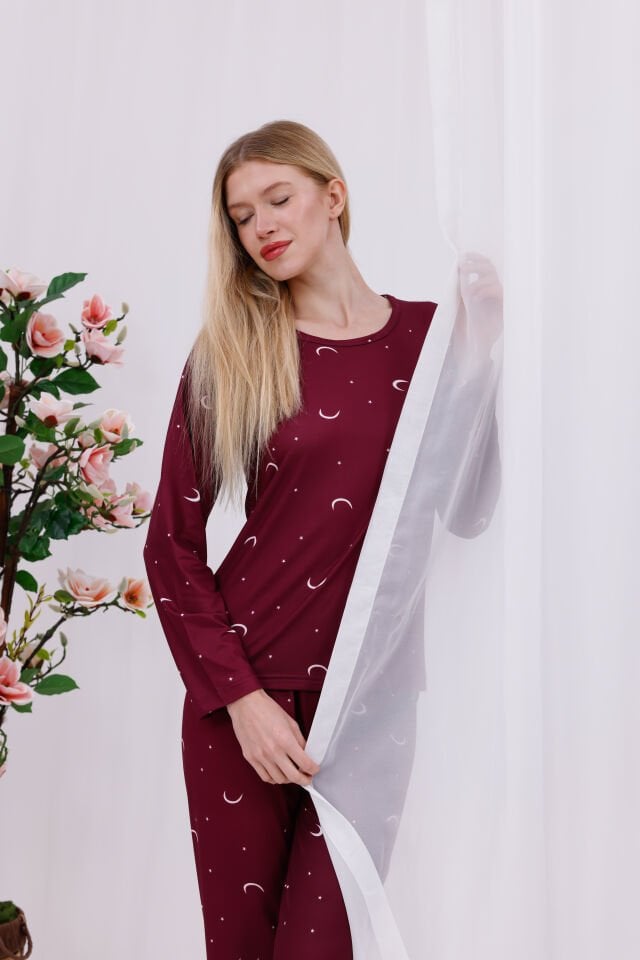 Kadın Bordo Ayyıldız Baskılı Yumuşak Dokulu Rahat Kalıp Uzun Kollu Örme Penye Pijama Takımı