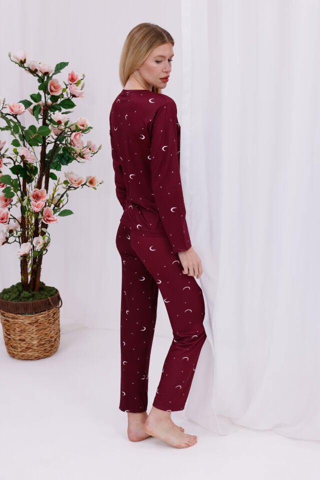 Kadın Bordo Ayyıldız Baskılı Yumuşak Dokulu Rahat Kalıp Uzun Kollu Örme Penye Pijama Takımı