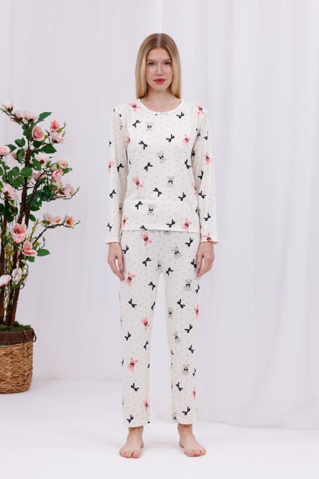 Kadın Bear With Ribbon Baskılı Yumuşak Dokulu Rahat Kalıp Uzun Kollu Örme Penye Pijama Takımı