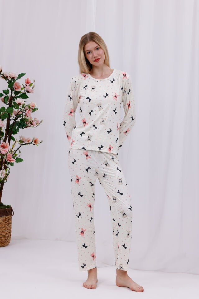 Kadın Bear With Ribbon Baskılı Yumuşak Dokulu Rahat Kalıp Uzun Kollu Örme Penye Pijama Takımı
