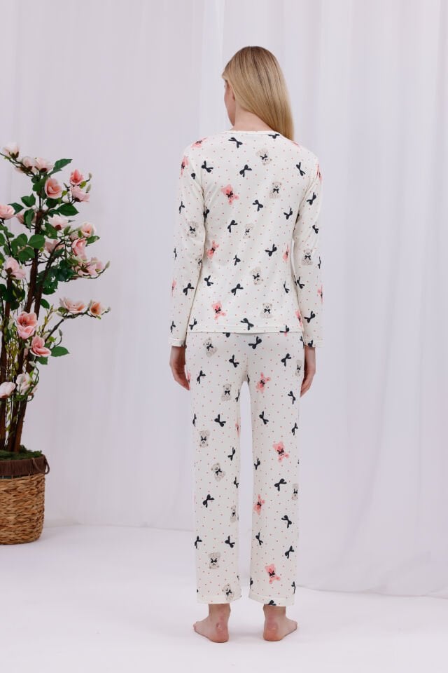 Kadın Bear With Ribbon Baskılı Yumuşak Dokulu Rahat Kalıp Uzun Kollu Örme Penye Pijama Takımı