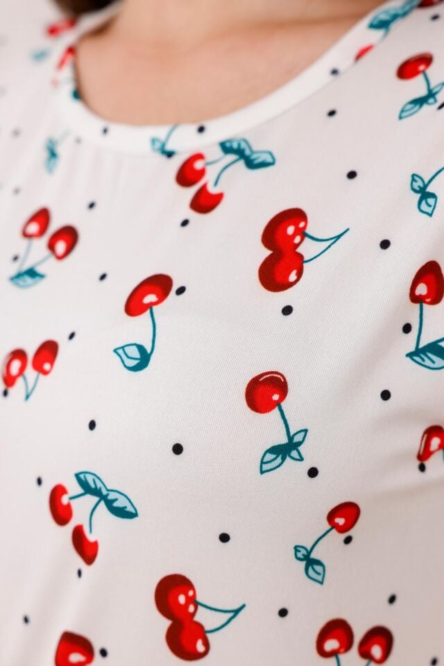 Arvin Pijama Kadın Baskılı Yumuşak Dokulu Milan Örme Rahat Kalıp Kısa Kollu Kiraz Desenli Pijama Takımı L