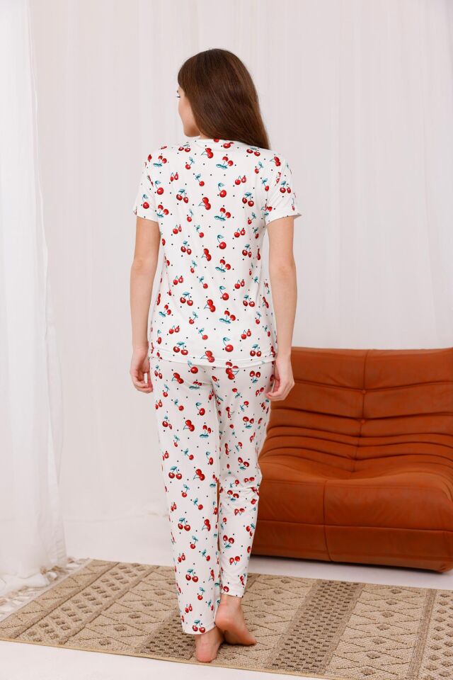 Arvin Pijama Kadın Baskılı Yumuşak Dokulu Milan Örme Rahat Kalıp Kısa Kollu Kiraz Desenli Pijama Takımı S
