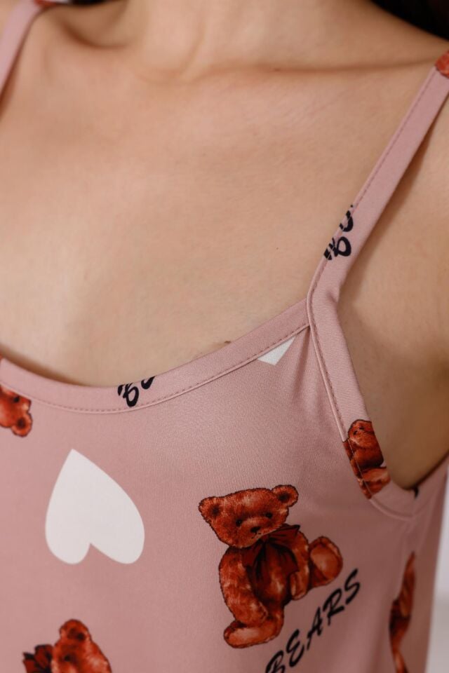 Arvin Pijama Sevimli Ayıcık Baskılı Yumuşak Dokulu Örme İp Askılı Çeyizlik Pijama Takımı L