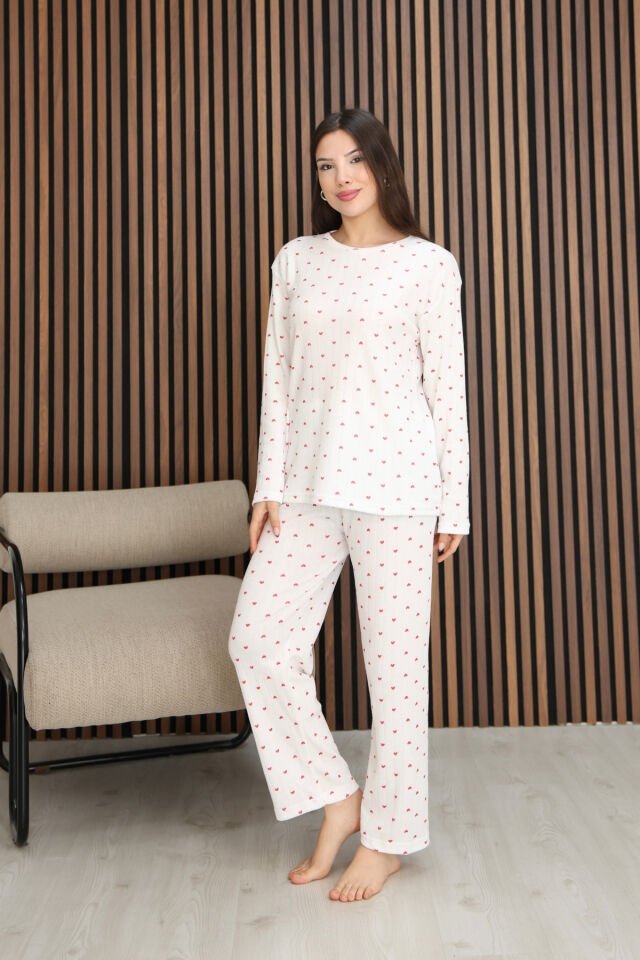 Arvin Pijama Kadın Kalp Desenli Yumuşak Dokulu Fitilli Kışlık Pamuklu Rahat Kalıp Uzun Kollu Anne Pijama Takımı M