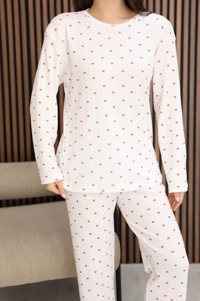 Arvin Pijama Kadın Kalp Desenli Yumuşak Dokulu Fitilli Kışlık Pamuklu Rahat Kalıp Uzun Kollu Anne Pijama Takımı L
