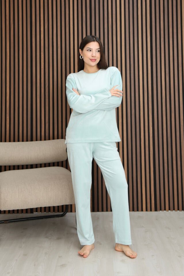 Kadın Pastel Yeşili Fransız Kadife Pijama Takımı - Kışlık Yumuşak Dokulu Rahat Kalıp L