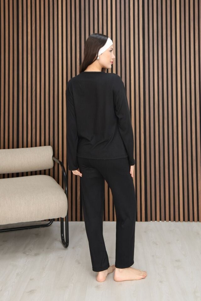 Kadın Siyah Çok Yumuşak Dokulu Dökümlü Kışlık Comfort Rahat Kalıp Siyah Pijama Takımı