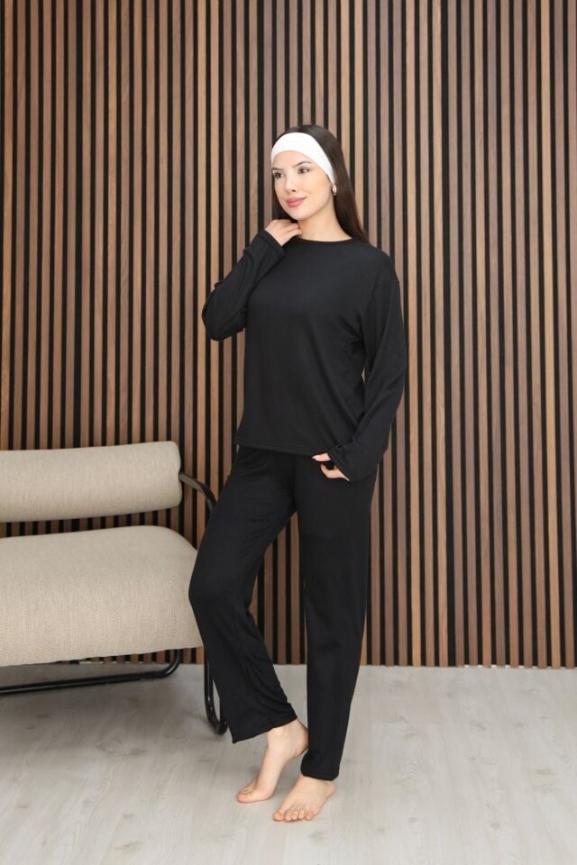 Kadın Siyah Çok Yumuşak Dokulu Dökümlü Kışlık Comfort Rahat Kalıp Siyah Pijama Takımı