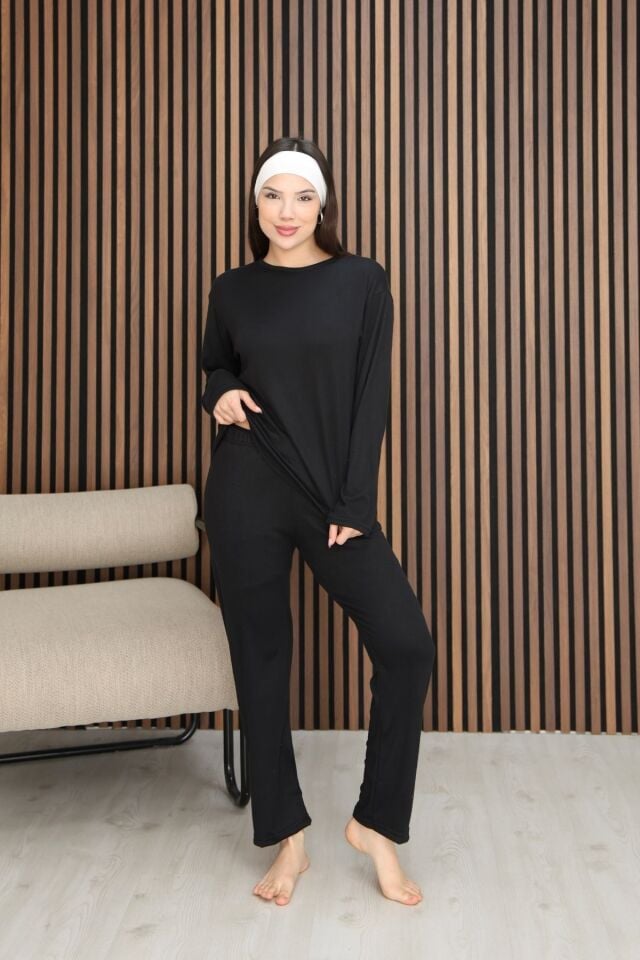 Kadın Siyah Çok Yumuşak Dokulu Dökümlü Kışlık Comfort Rahat Kalıp Siyah Pijama Takımı