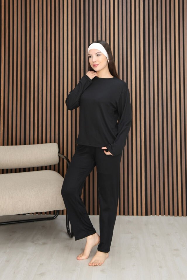 Kadın Siyah Çok Yumuşak Dokulu Dökümlü Kışlık Comfort Rahat Kalıp Siyah Pijama Takımı 2XL