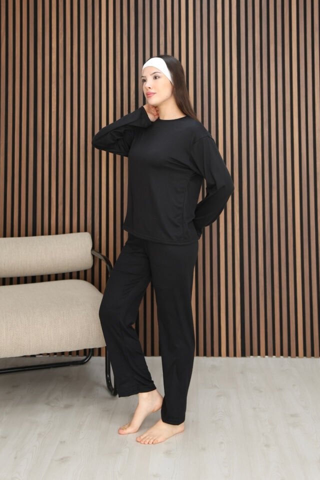 Kadın Siyah Çok Yumuşak Dokulu Dökümlü Kışlık Comfort Rahat Kalıp Siyah Pijama Takımı XL
