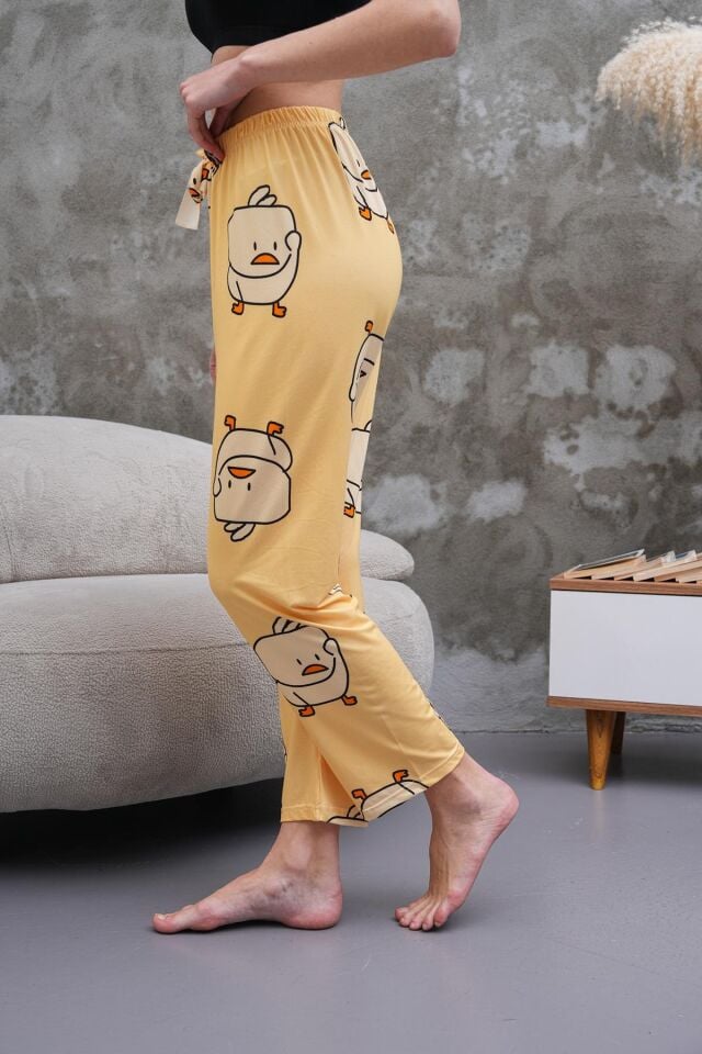 Şirin Civciv Baskılı, Sarı Renkli Yumuşak Dokulu Nefes Alan Milans Kumaş, Yüksek Bel Rahat Kesim Ev Giyimi Kadın Pijama Altı