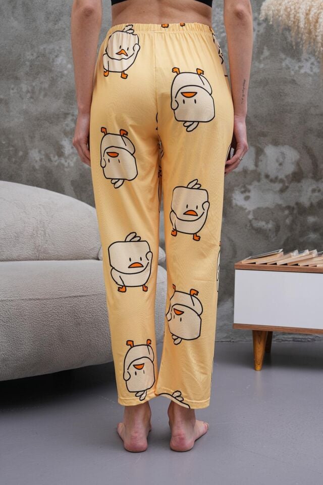 Şirin Civciv Baskılı, Sarı Renkli Yumuşak Dokulu Nefes Alan Milans Kumaş, Yüksek Bel Rahat Kesim Ev Giyimi Kadın Pijama Altı