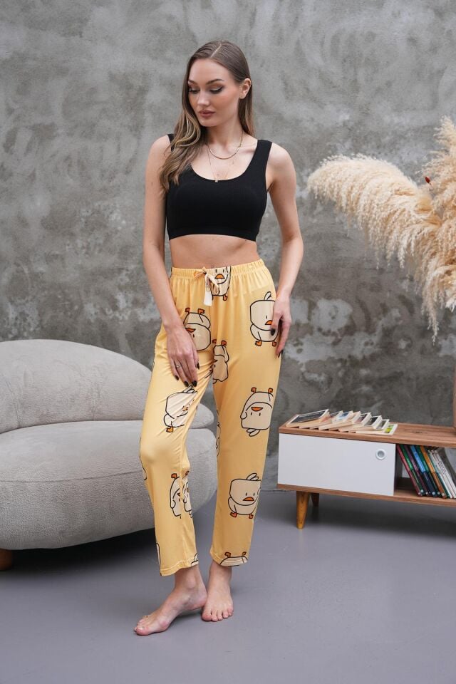 Şirin Civciv Baskılı, Sarı Renkli Yumuşak Dokulu Nefes Alan Milans Kumaş, Yüksek Bel Rahat Kesim Ev Giyimi Kadın Pijama Altı