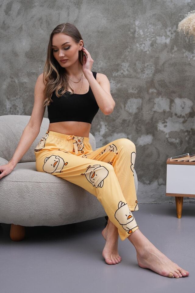 Şirin Civciv Baskılı, Sarı Renkli Yumuşak Dokulu Nefes Alan Milans Kumaş, Yüksek Bel Rahat Kesim Ev Giyimi Kadın Pijama Altı