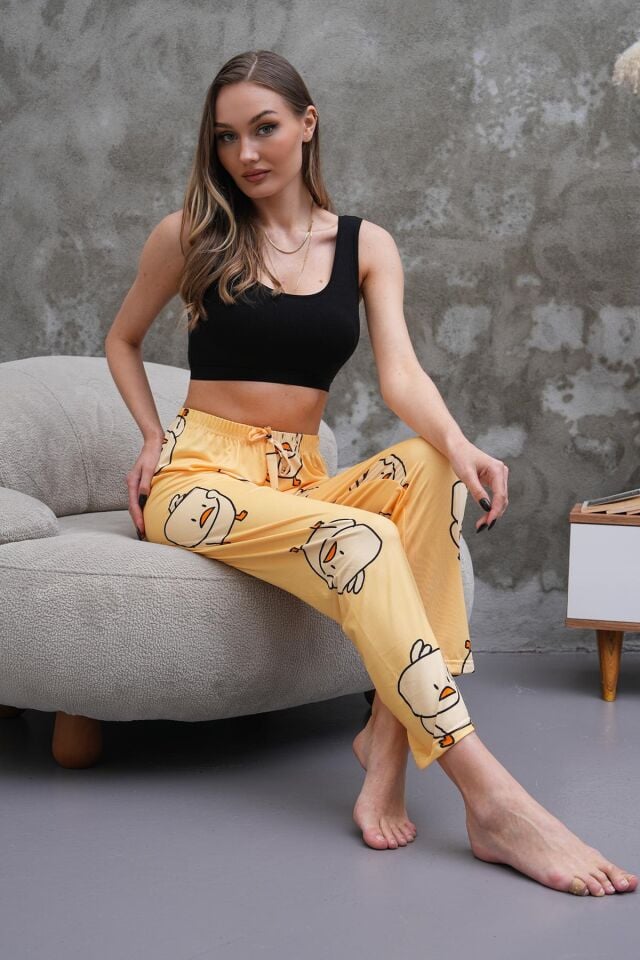 Şirin Civciv Baskılı, Sarı Renkli Yumuşak Dokulu Nefes Alan Milans Kumaş, Yüksek Bel Rahat Kesim Ev Giyimi Kadın Pijama Altı