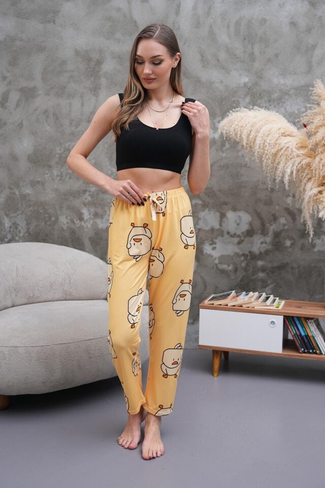 Şirin Civciv Baskılı, Sarı Renkli Yumuşak Dokulu Nefes Alan Milans Kumaş, Yüksek Bel Rahat Kesim Ev Giyimi Kadın Pijama Altı M