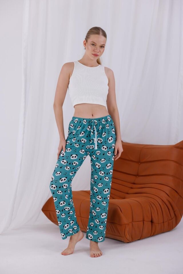 Sevimli Mavi Panda Baskılı, Yumuşak Dokulu Nefes Alan Milans Kumaş, Yüksek Bel Rahat Kesim Ev Giyimi Kadın Pijama Altı