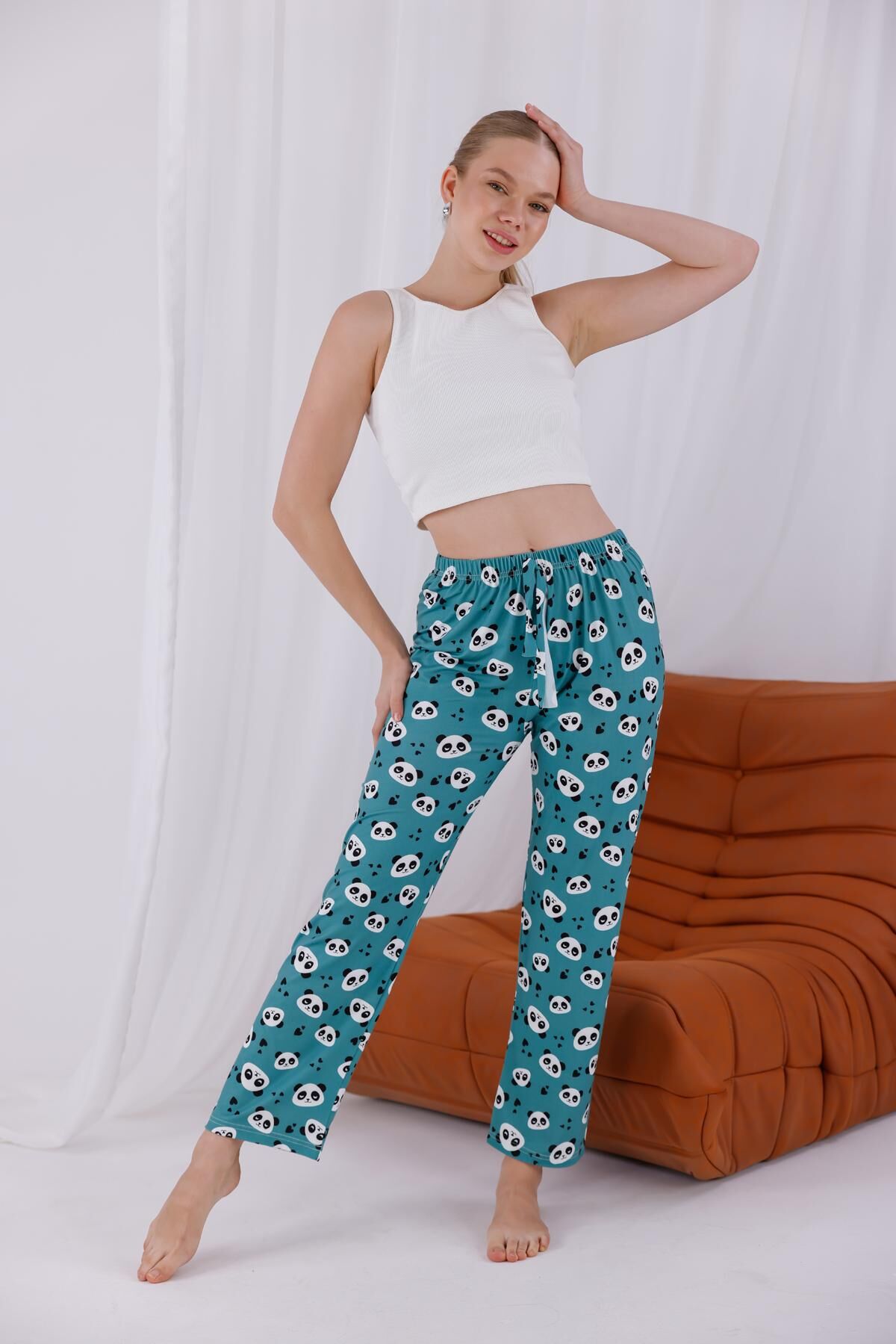Sevimli Mavi Panda Baskılı, Yumuşak Dokulu Nefes Alan Milans Kumaş, Yüksek Bel Rahat Kesim Ev Giyimi Kadın Pijama Altı 2XL