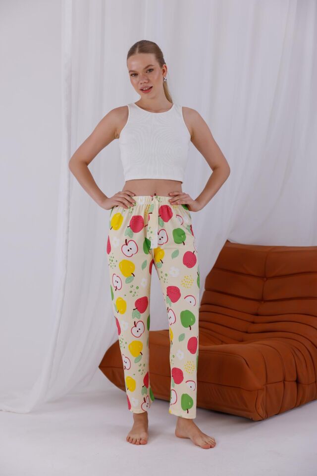 Neşeli Renkli Elma Baskılı, Yumuşak Dokulu Nefes Alan Milans Kumaş, Rahat Kesim Ev Giyimi Kadın Pijama Altı