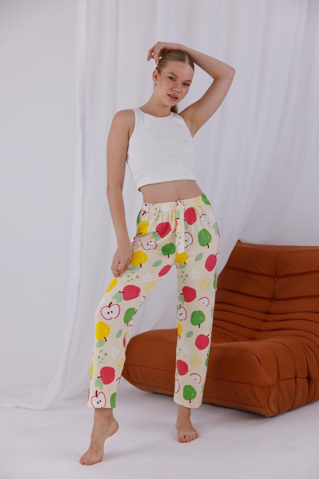 Neşeli Renkli Elma Baskılı, Yumuşak Dokulu Nefes Alan Milans Kumaş, Rahat Kesim Ev Giyimi Kadın Pijama Altı