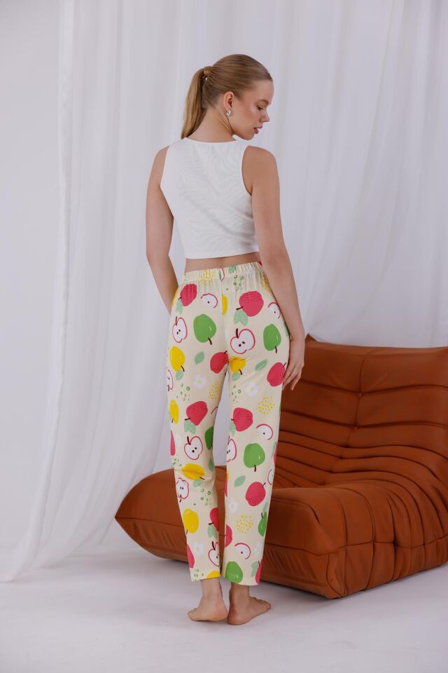 Neşeli Renkli Elma Baskılı, Yumuşak Dokulu Nefes Alan Milans Kumaş, Rahat Kesim Ev Giyimi Kadın Pijama Altı