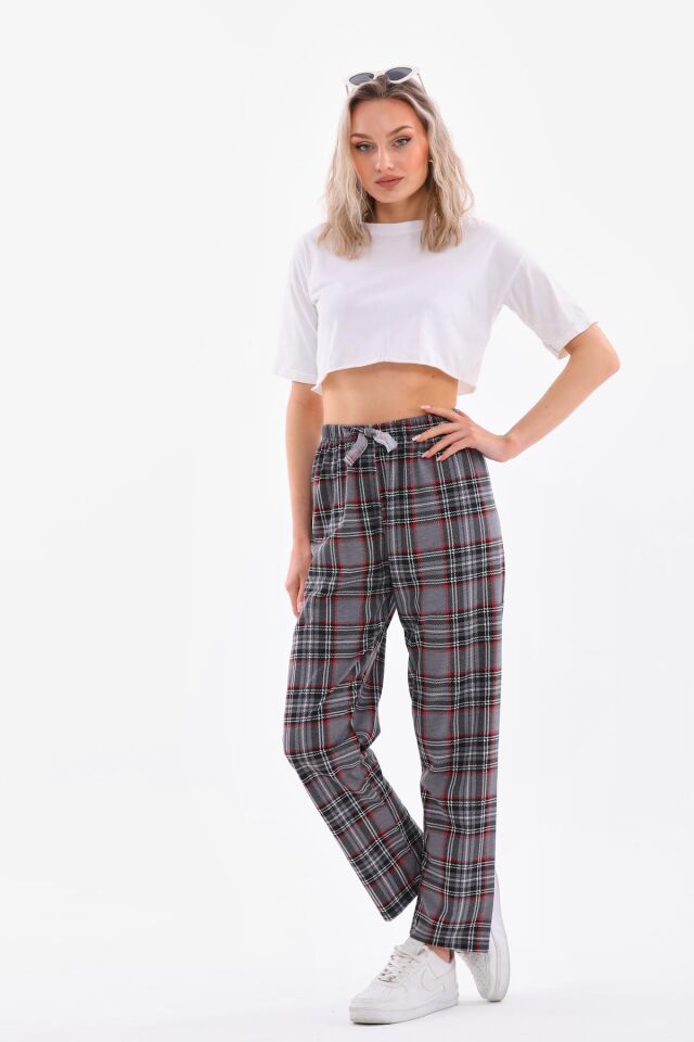 Arvin Pijama Gri Renk Baskılı Penye Pamuklu Unisex Relaxed Ekose Pijama Altı XL