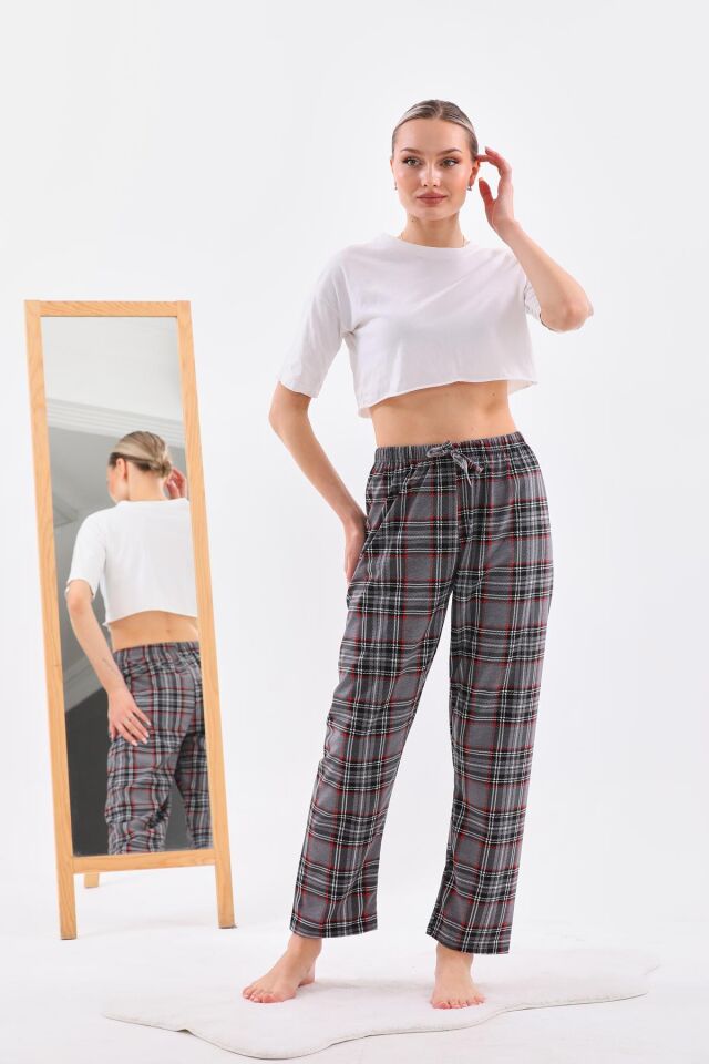 Arvin Pijama Gri Renk Baskılı Penye Pamuklu Unisex Relaxed Ekose Pijama Altı L