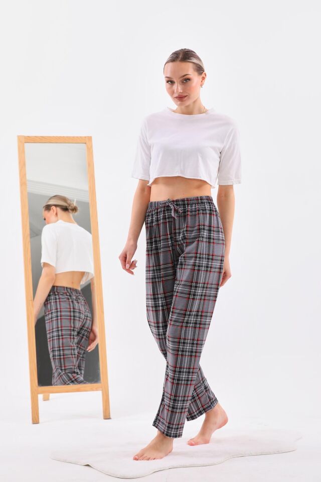 Arvin Pijama Gri Renk Baskılı Penye Pamuklu Unisex Relaxed Ekose Pijama Altı L