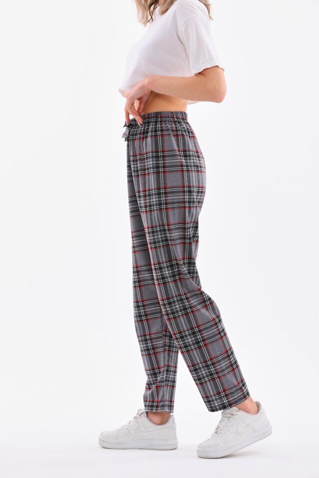 Arvin Pijama Gri Renk Baskılı Penye Pamuklu Unisex Relaxed Ekose Pijama Altı L