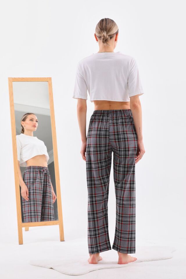 Arvin Pijama Gri Renk Baskılı Penye Pamuklu Unisex Relaxed Ekose Pijama Altı 2XL