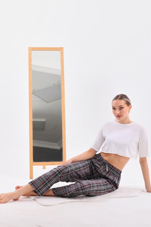 Arvin Pijama Gri Renk Baskılı Penye Pamuklu Unisex Relaxed Ekose Pijama Altı 2XL