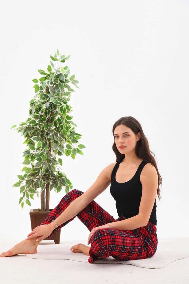 Arvin Pijama K.Kırmızı Renk Baskılı Penye Pamuklu Relaxed Unisex Kadın Ekose Pijama Altı