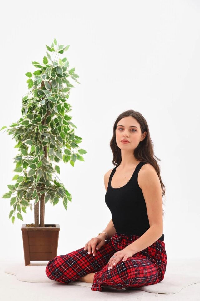 Arvin Pijama K.Kırmızı Renk Baskılı Penye Pamuklu Relaxed Unisex Kadın Ekose Pijama Altı L