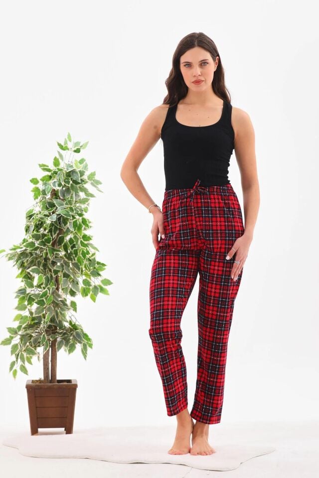Arvin Pijama K.Kırmızı Renk Baskılı Penye Pamuklu Relaxed Unisex Kadın Ekose Pijama Altı L