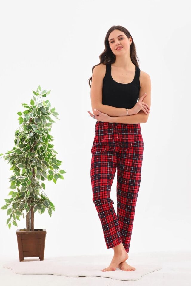 Arvin Pijama K.Kırmızı Renk Baskılı Penye Pamuklu Relaxed Unisex Kadın Ekose Pijama Altı L