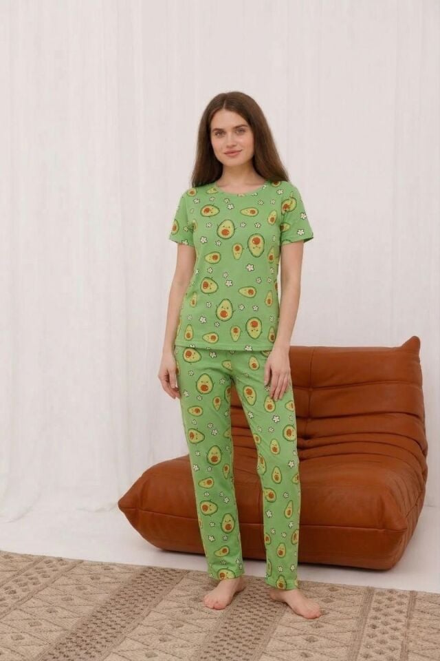 Arvin Pijama Avokado Baskılı Yumuşak Dokulu Milan Örme Rahat Kalıp Kısa Kollu Pijama Takımı Kadın 2XL