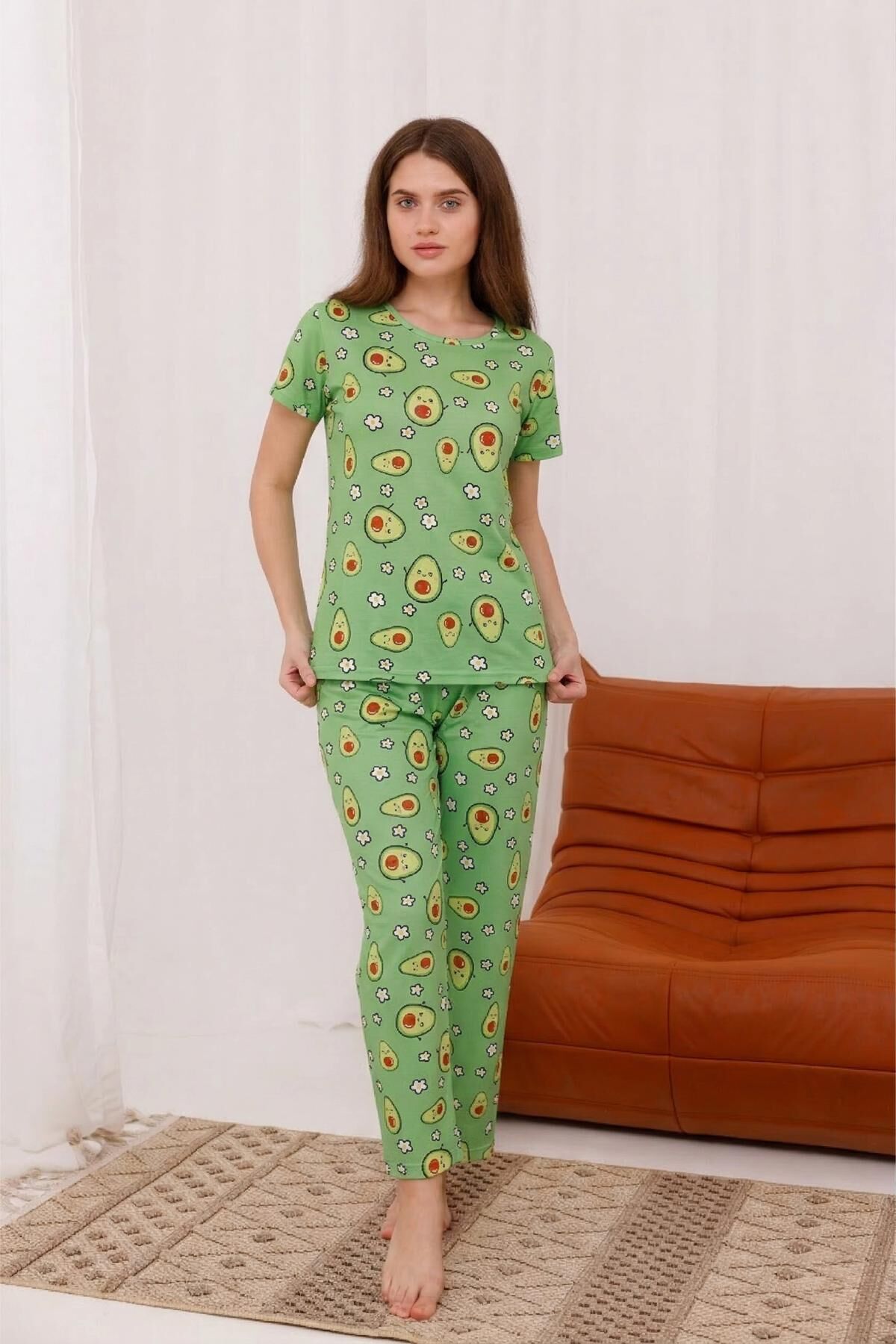 Arvin Pijama Avokado Baskılı Yumuşak Dokulu Milan Örme Rahat Kalıp Kısa Kollu Pijama Takımı Kadın XL