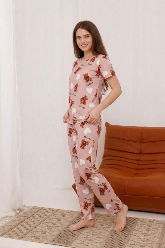 Arvin Pijama Bears Baskılı Yumuşak Dokulu Milan Örme Rahat Kalıp Kısa Kollu Bayan Pijama Takımı