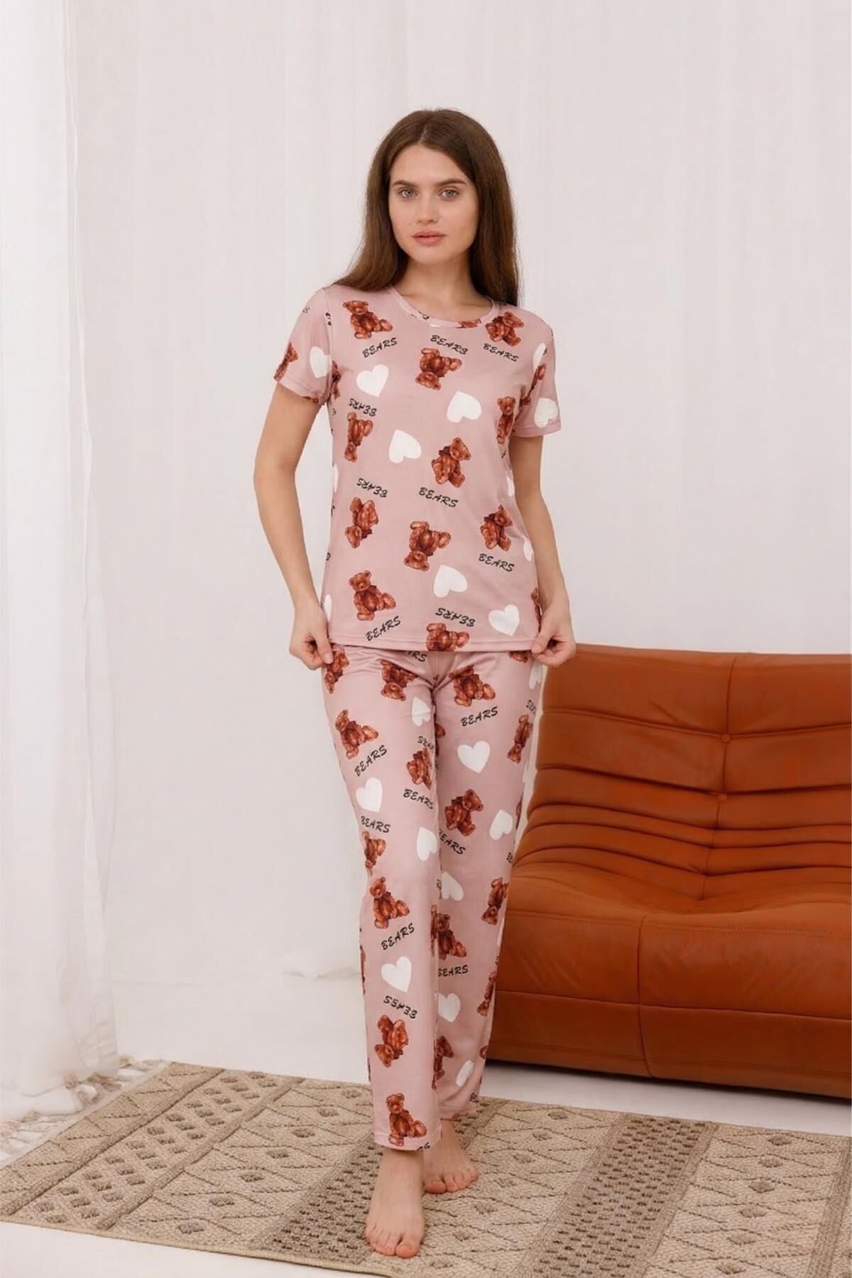 Arvin Pijama Bears Baskılı Yumuşak Dokulu Milan Örme Rahat Kalıp Kısa Kollu Bayan Pijama Takımı 2XL