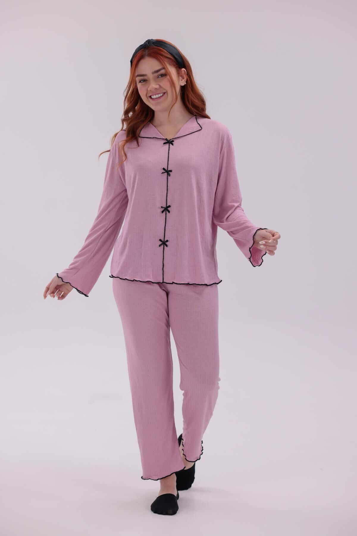 Kadın Lila Renk Rahat Kalıp Yumuşak Dokulu Pamuklu Örme Kumaş Uzun Kollu Pijama Takımı Lila Düz - XL