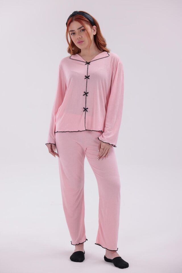 Pembe Renk Rahat Kalıp Yumuşak Dokulu Pamuklu Örme Kumaş Kadın Uzun Kollu Pijama Takımı L - pembe