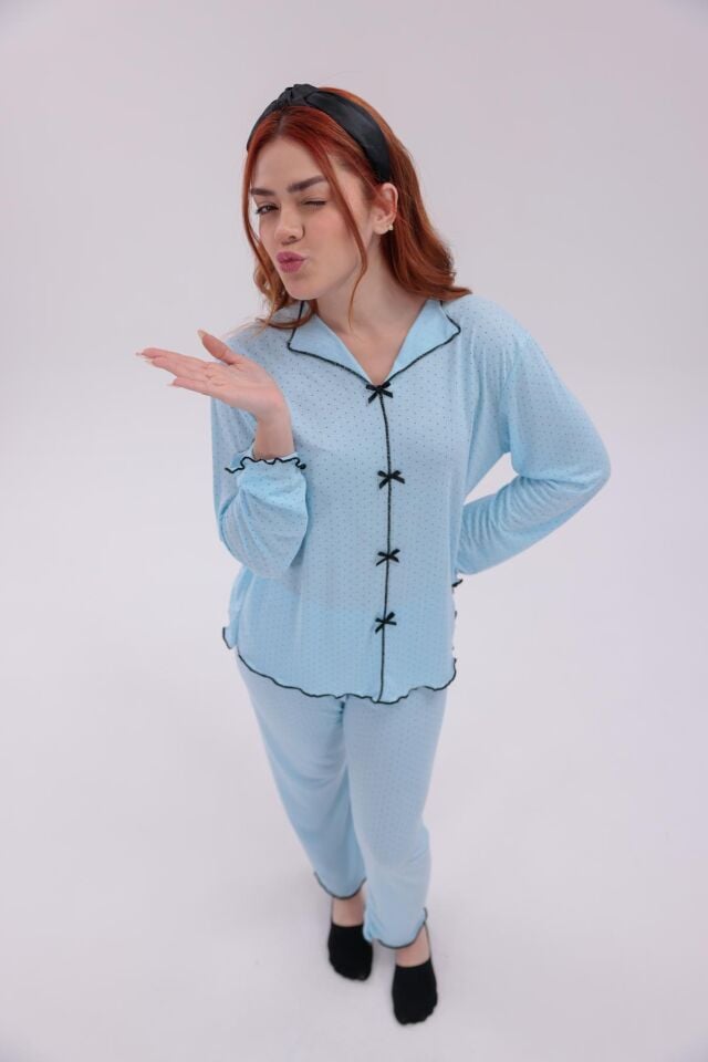 Mavi Renk Puantiyeli Rahat Kalıp Yumuşak Dokulu Pamuklu Örme Kumaş Bayan Uzun Kollu Pijama Takımı