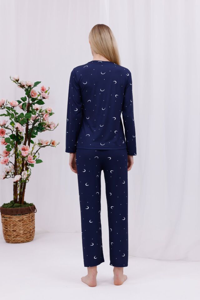 Yumuşak Dokulu Rahat Kalıp Uzun Kollu Örme Kadın Pijama Takımı Lacivert Ayyıldız - S